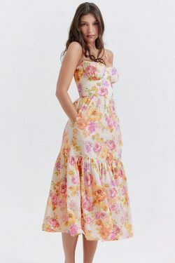 Y2K Aesthetic Coquette Style Floral Midi Dress for Women - Vintage Inspired Fashion
