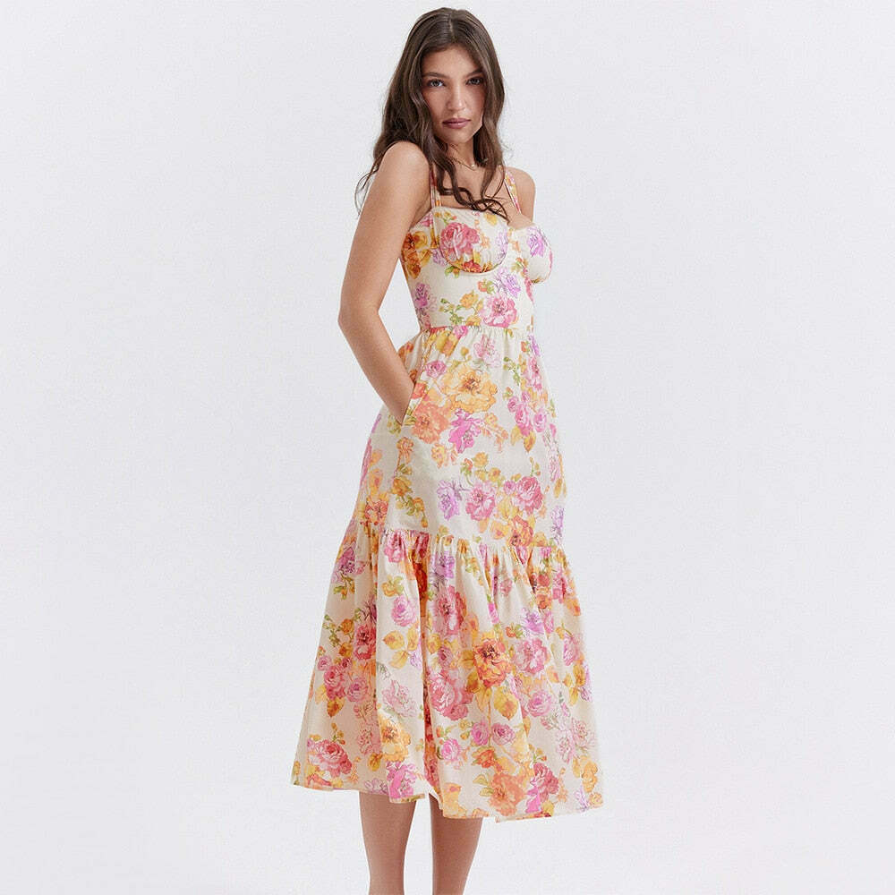 Y2K Aesthetic Coquette Style Floral Midi Dress for Women - Vintage Inspired Fashion