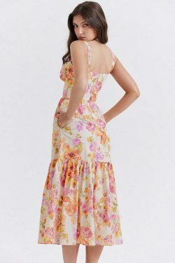 Y2K Aesthetic Coquette Style Floral Midi Dress for Women - Vintage Inspired Fashion