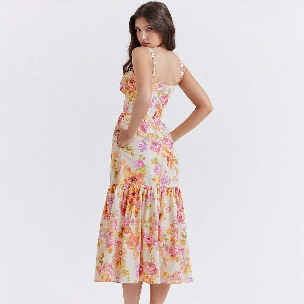 Y2K Aesthetic Coquette Style Floral Midi Dress for Women - Vintage Inspired Fashion
