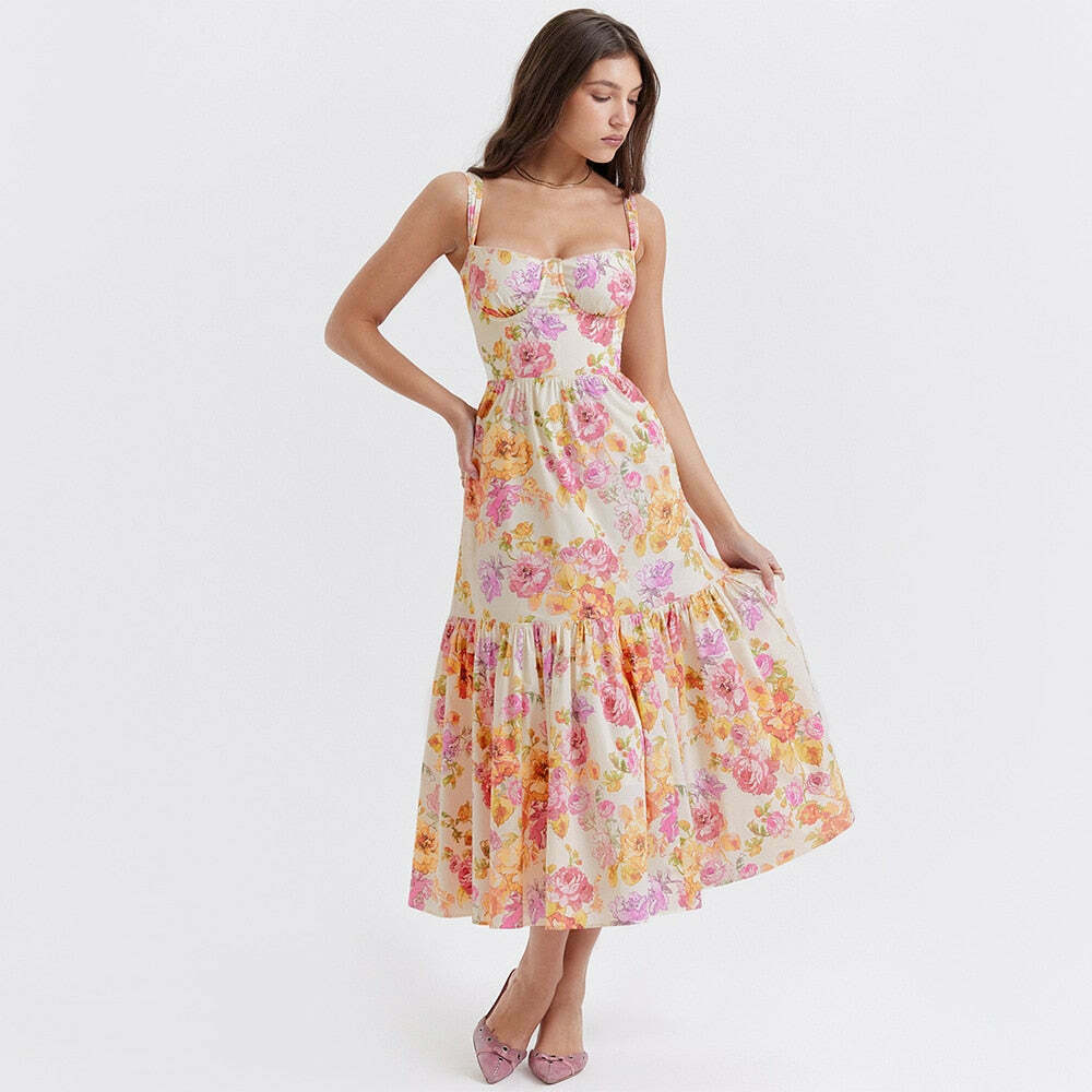 Y2K Aesthetic Coquette Style Floral Midi Dress for Women - Vintage Inspired Fashion