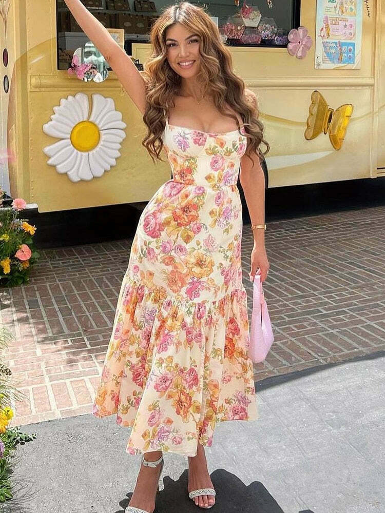 Y2K Aesthetic Coquette Style Floral Midi Dress for Women - Vintage Inspired Fashion