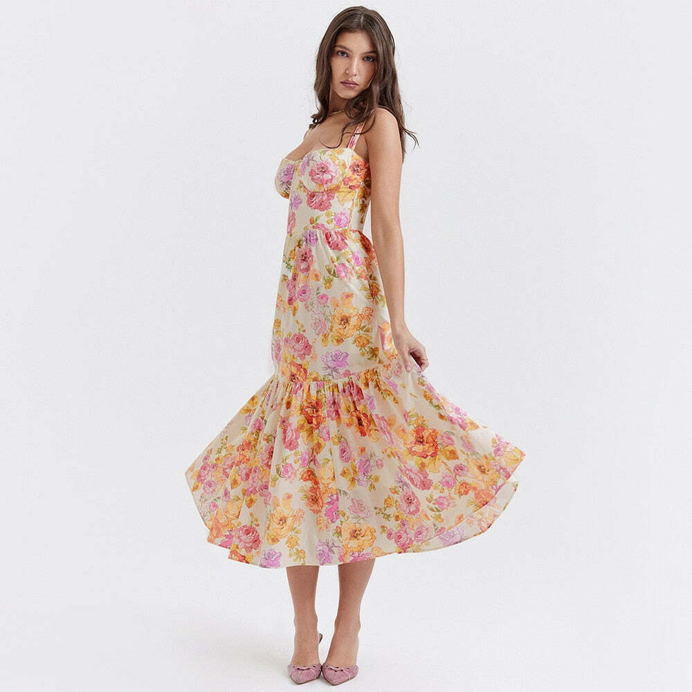 Y2K Aesthetic Coquette Style Floral Midi Dress for Women - Vintage Inspired Fashion