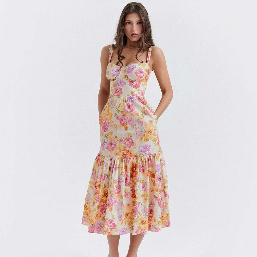 Y2K Aesthetic Coquette Style Floral Midi Dress for Women - Vintage Inspired Fashion