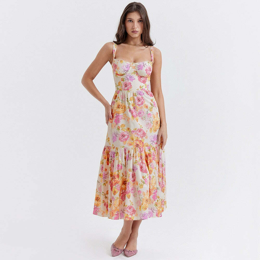 Y2K Aesthetic Coquette Style Floral Midi Dress for Women - Vintage Inspired Fashion