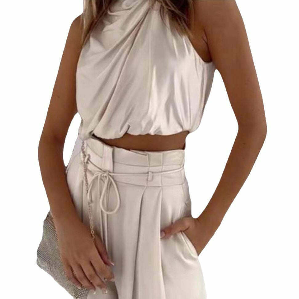 Y2K Aesthetic Coquette Style: Grunge Crop Top & Wide Leg Pants Suit