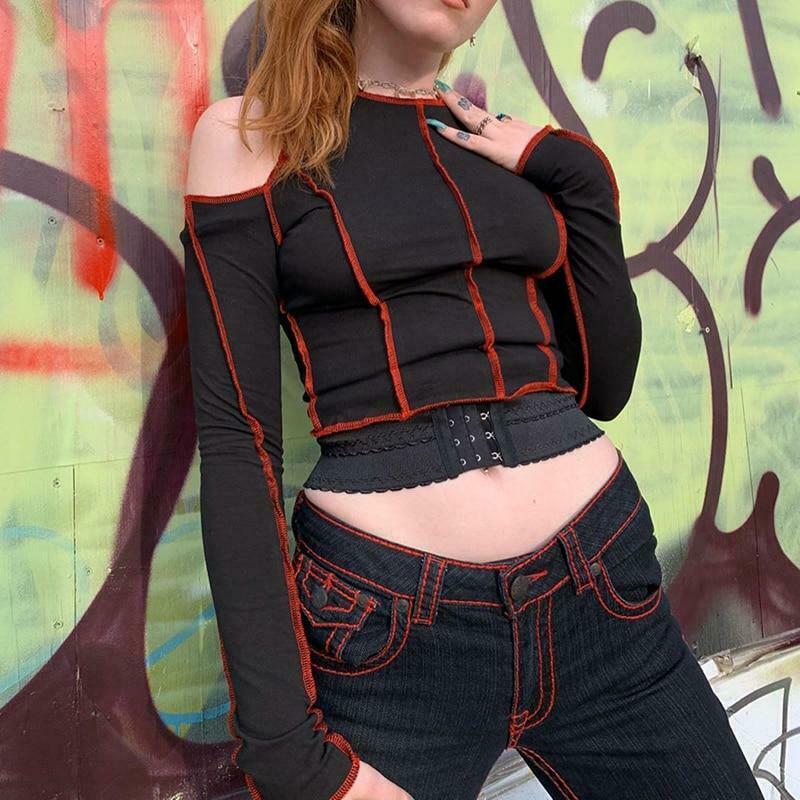 Y2K Aesthetic Coquette Style Long Sleeve Top in Pastel Goth Grunge Fashion