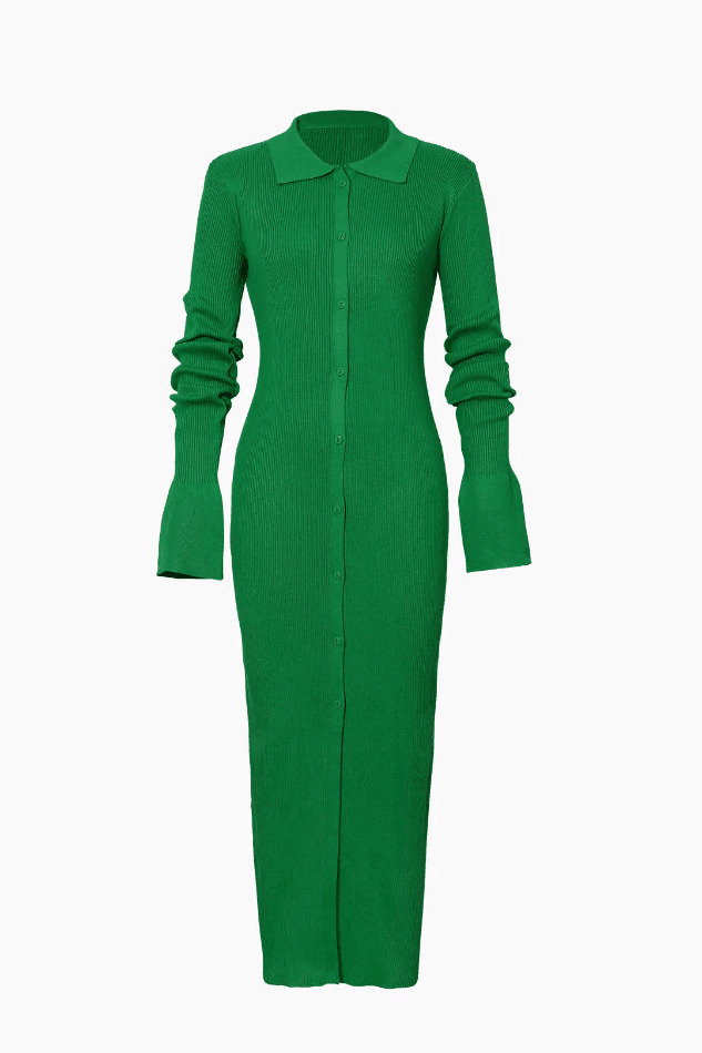 Y2K Aesthetic Coquette Style Maxi Dress with Shell Sleeves and Ribbed Buttons