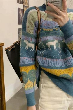 Y2K Aesthetic Coquette Style Retro Nature O Neck Sweater