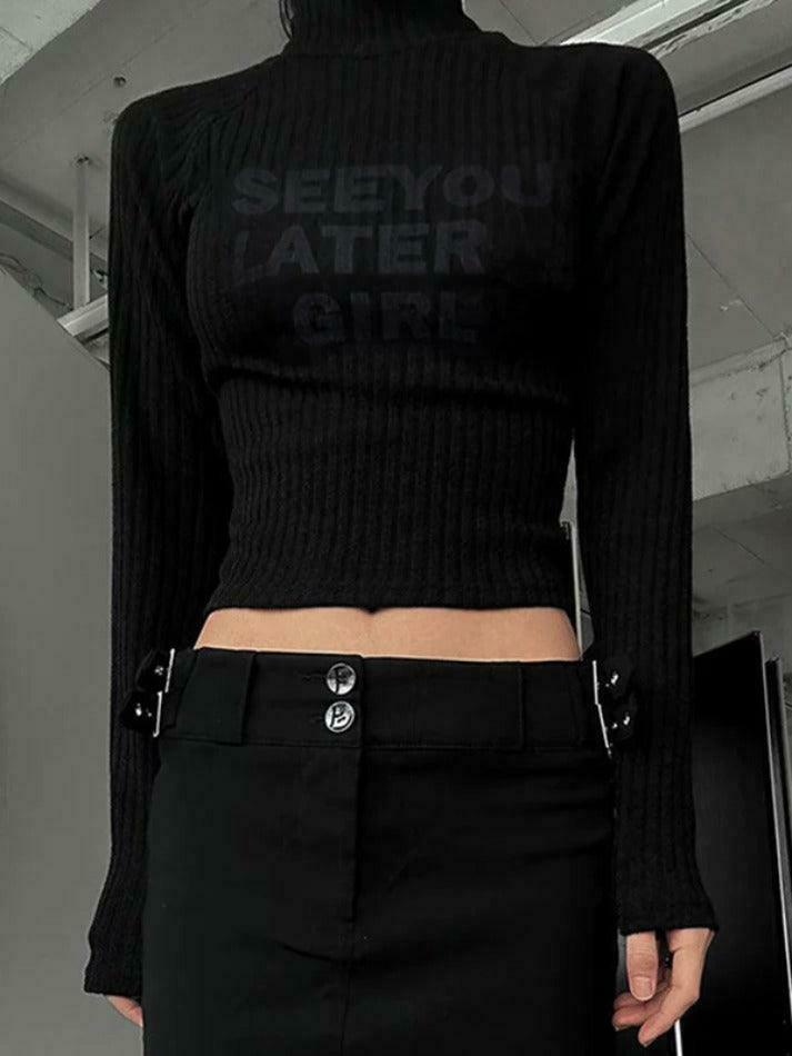 Y2K Aesthetic Coquette Style Rib Turtleneck Knit Top for Women - Grunge & Pastel Goth Fashion