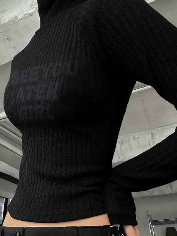 Y2K Aesthetic Coquette Style Rib Turtleneck Knit Top for Women - Grunge & Pastel Goth Fashion