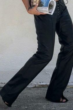 Y2K Aesthetic Coquette Style: Tie Front Split Pu Leather Pants