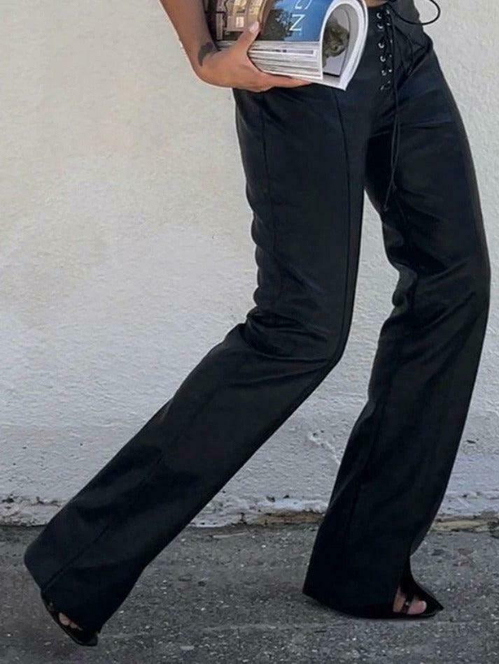 Y2K Aesthetic Coquette Style: Tie Front Split Pu Leather Pants
