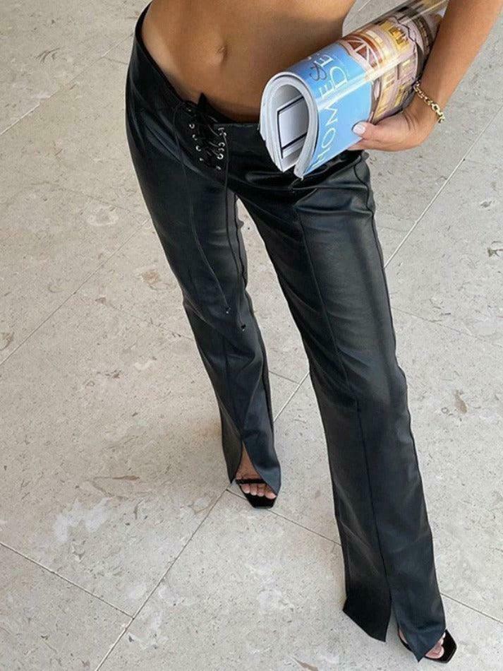 Y2K Aesthetic Coquette Style: Tie Front Split Pu Leather Pants
