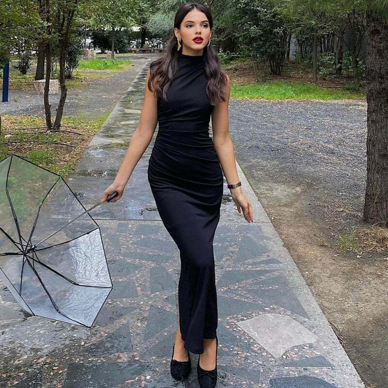 Y2K Aesthetic Coquette Style Turtleneck Midi Dress with Back Slit - Women's Fashion