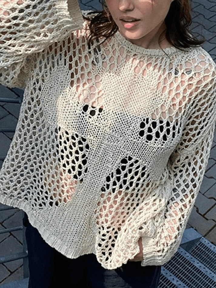 Y2K Aesthetic Crochet Hollow Long Sleeve Knit Top in Cross Pattern