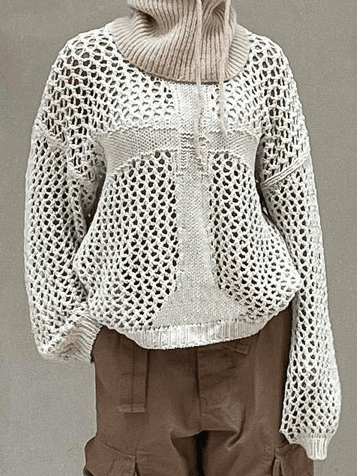 Y2K Aesthetic Crochet Hollow Long Sleeve Knit Top in Cross Pattern