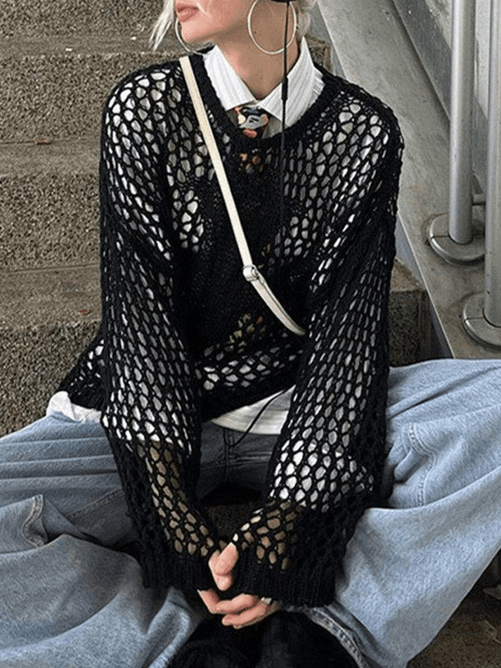 Y2K Aesthetic Crochet Hollow Long Sleeve Knit Top in Cross Pattern