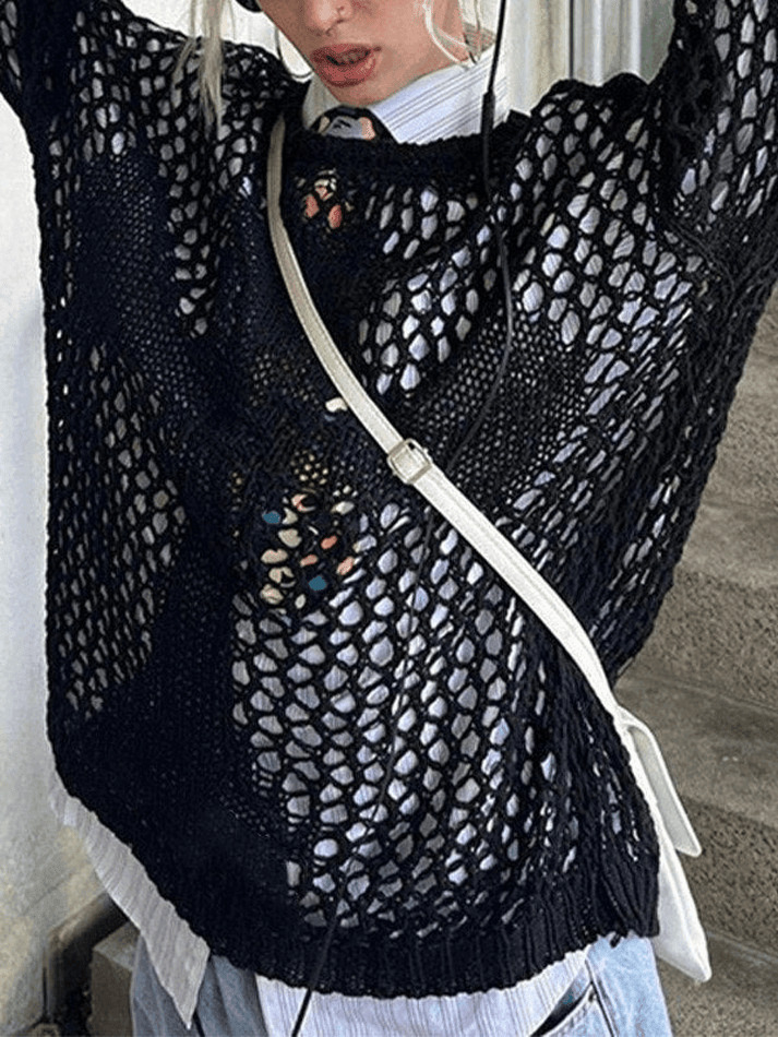 Y2K Aesthetic Crochet Hollow Long Sleeve Knit Top in Cross Pattern