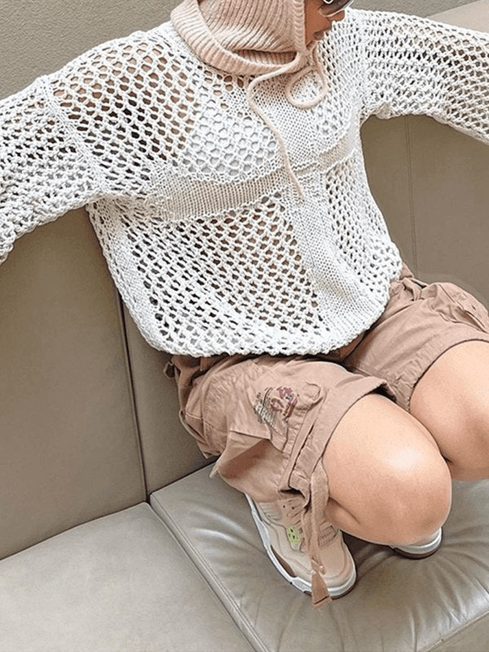 Y2K Aesthetic Crochet Hollow Long Sleeve Knit Top in Cross Pattern