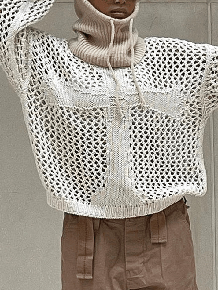 Y2K Aesthetic Crochet Hollow Long Sleeve Knit Top in Cross Pattern