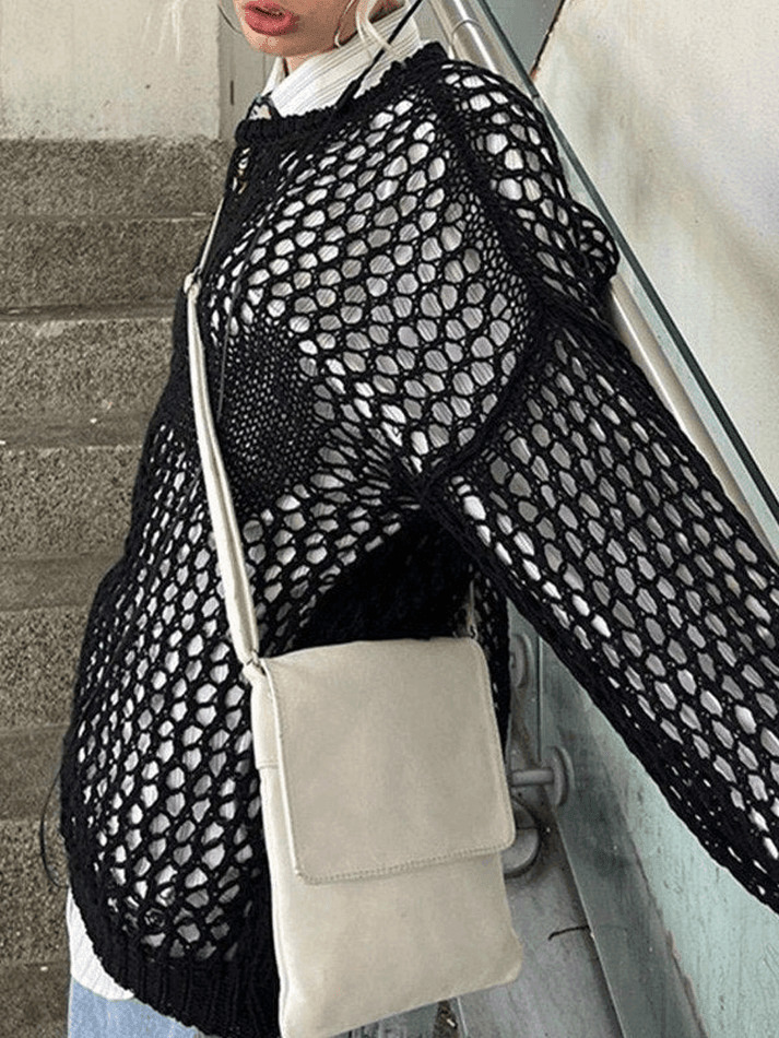 Y2K Aesthetic Crochet Hollow Long Sleeve Knit Top in Cross Pattern