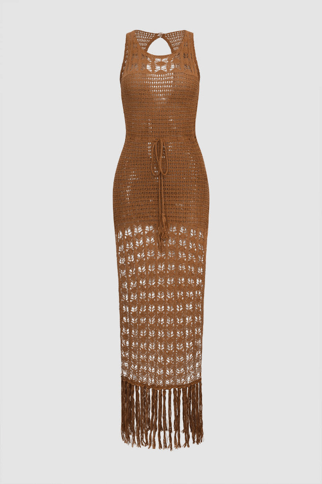 Y2K Aesthetic Crochet Knit Cover-Up Dress with Tassel Hem - Women's Fashion