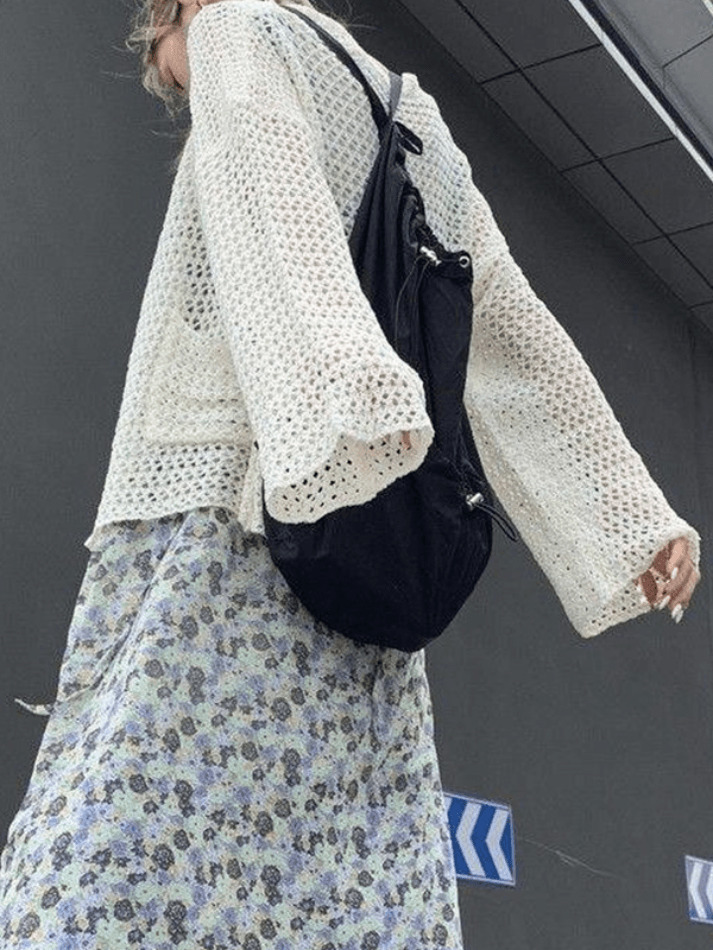 Y2K Aesthetic Crochet Knit Long Top: Coquette & Grunge Style, Cute Pastel Goth Fashion