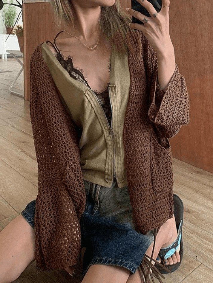 Y2K Aesthetic Crochet Knit Long Top: Coquette & Grunge Style, Cute Pastel Goth Fashion