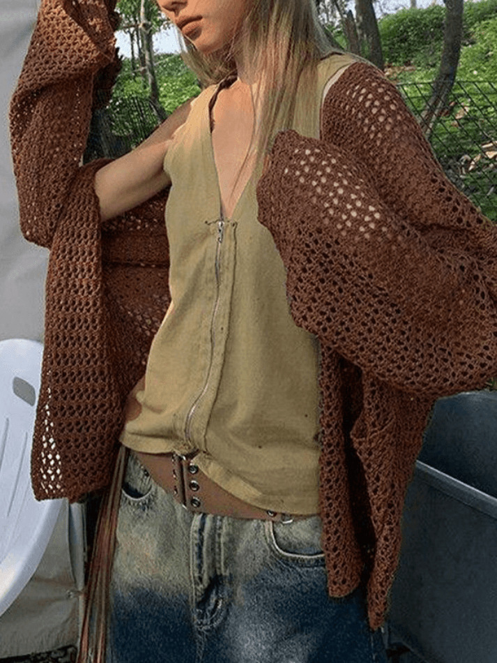 Y2K Aesthetic Crochet Knit Long Top: Coquette & Grunge Style, Cute Pastel Goth Fashion
