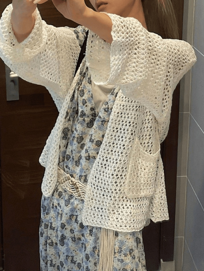 Y2K Aesthetic Crochet Knit Long Top: Coquette & Grunge Style, Cute Pastel Goth Fashion