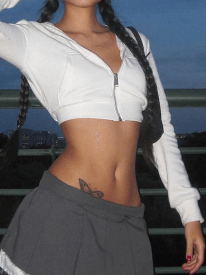 Y2K Aesthetic Cropped White Zip Up Hoodie - Coquette & Grunge Style Women's Fashion