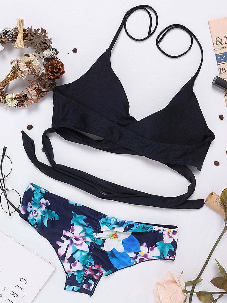 Y2K Aesthetic Cross Deep V Backless Halter String Bikini Swimwear