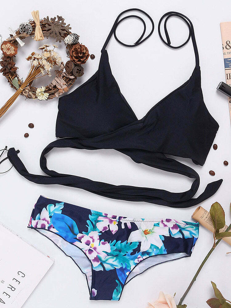 Y2K Aesthetic Cross Deep V Backless Halter String Bikini Swimwear