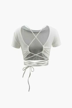 Y2K Aesthetic Cross Tie Back Short Sleeve Tee - Coquette Grunge Style for Women