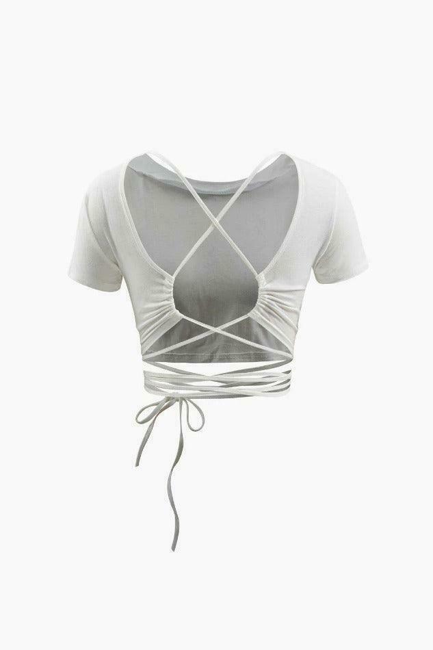 Y2K Aesthetic Cross Tie Back Short Sleeve Tee - Coquette Grunge Style for Women