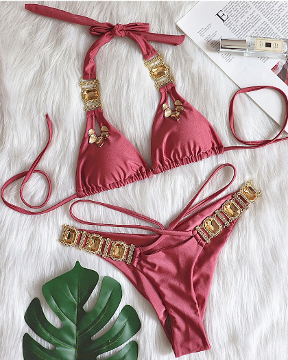 Y2K Aesthetic Crystal Diamond Bandage Split Bikini - Coquette Grunge Style Fashion