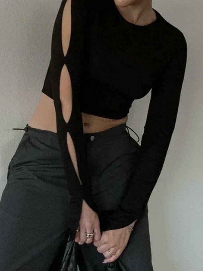 Y2K Aesthetic Cutout Sleeve Tee - Coquette Grunge Style & Pastel Goth Vibes