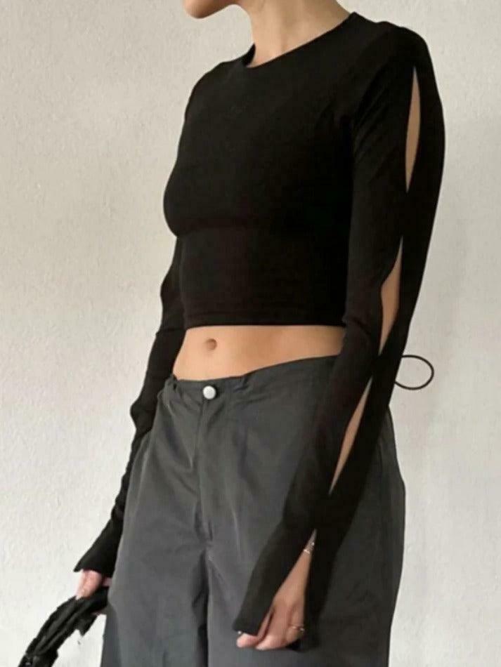 Y2K Aesthetic Cutout Sleeve Tee - Coquette Grunge Style & Pastel Goth Vibes