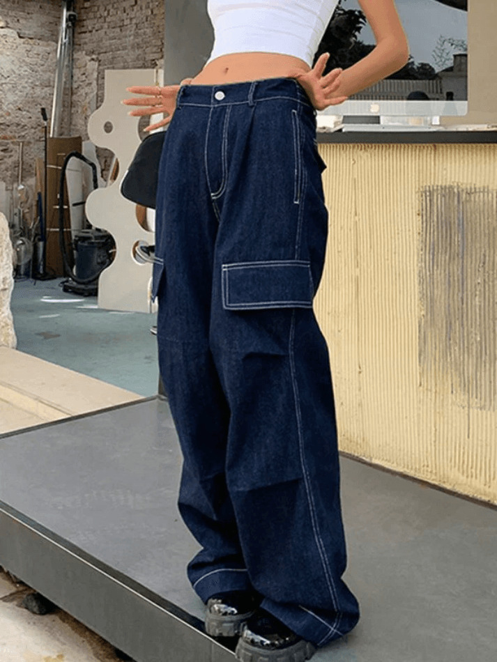 Y2K Aesthetic Dark Wash Baggy Cargo Jeans - Coquette Style Grunge Fashion Women's Clothing