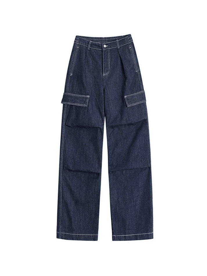 Y2K Aesthetic Dark Wash Baggy Cargo Jeans - Coquette Style Grunge Fashion Women's Clothing