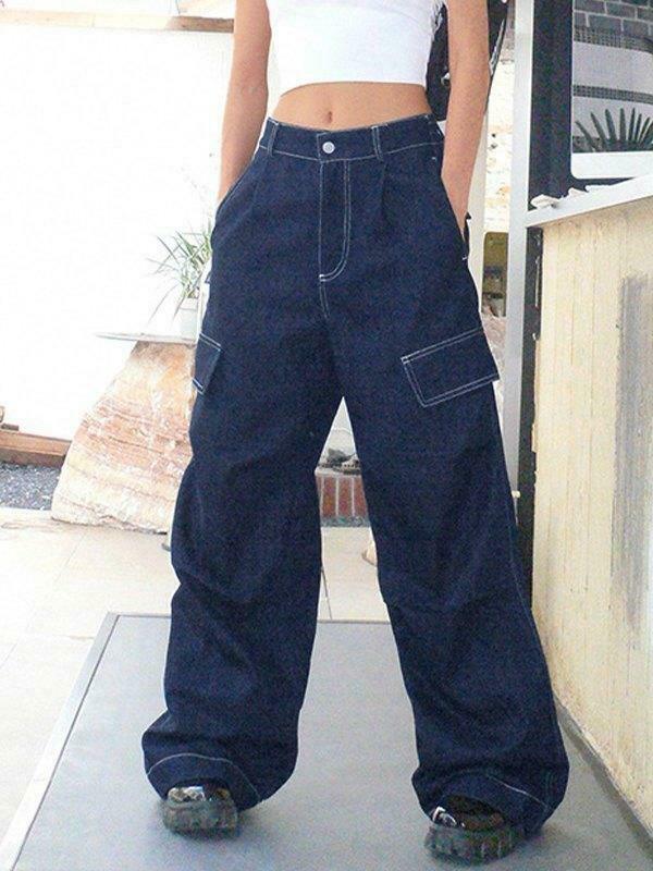 Y2K Aesthetic Dark Wash Baggy Cargo Jeans - Coquette Style Grunge Fashion Women's Clothing