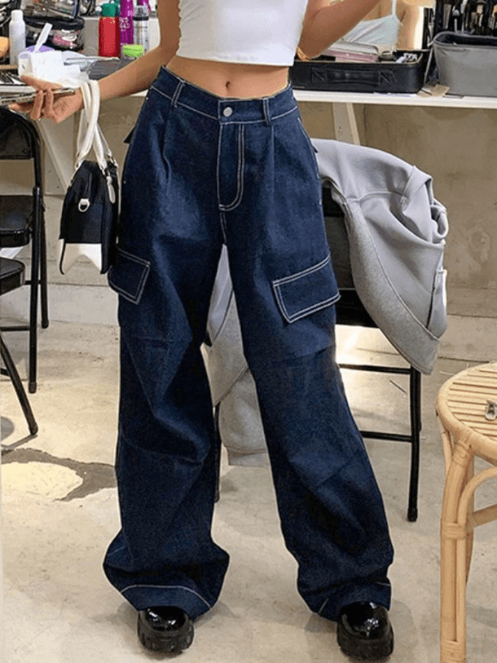 Y2K Aesthetic Dark Wash Baggy Cargo Jeans - Coquette Style Grunge Fashion Women's Clothing