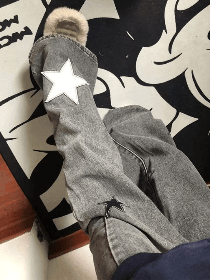 Y2K Aesthetic Dark Wash Star Patch Boyfriend Jeans - Coquette Fashion for Women