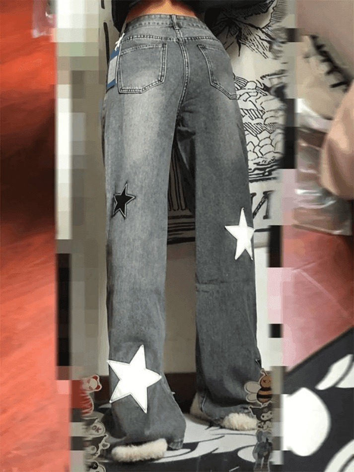 Y2K Aesthetic Dark Wash Star Patch Boyfriend Jeans - Coquette Fashion for Women