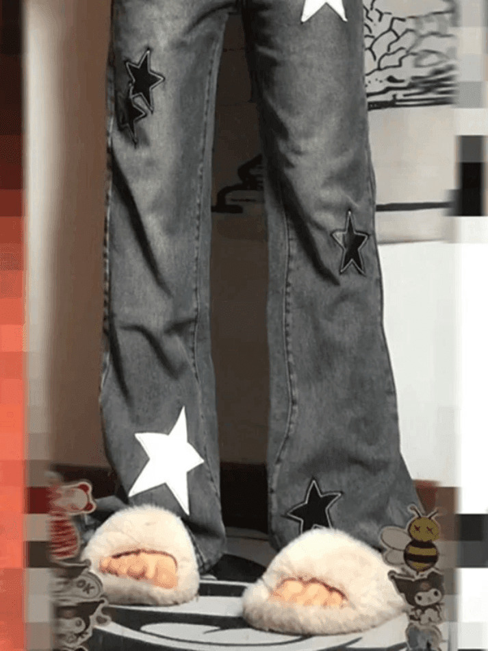Y2K Aesthetic Dark Wash Star Patch Boyfriend Jeans - Coquette Fashion for Women