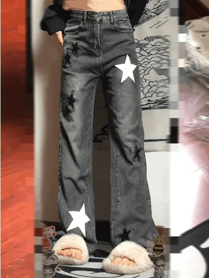 Y2K Aesthetic Dark Wash Star Patch Boyfriend Jeans - Coquette Fashion for Women