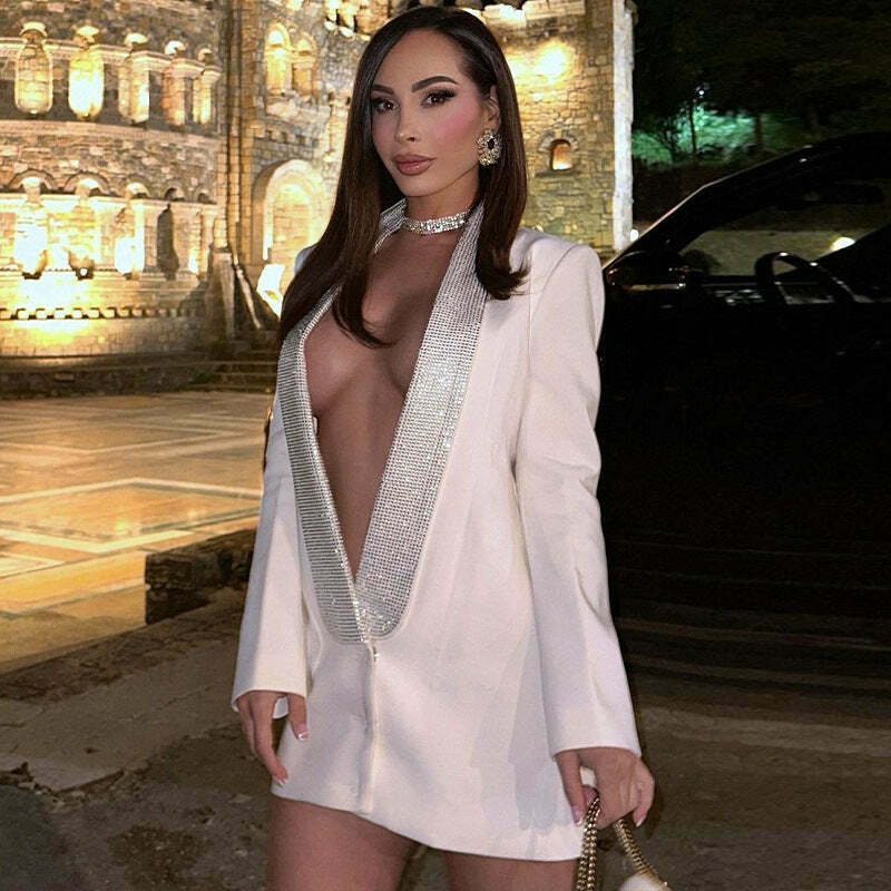 Y2K Aesthetic Deep V-Neck Diamond Backless Jacket Suit for Women - Coquette Fashion Statement
