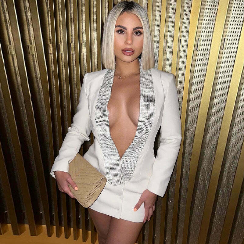 Y2K Aesthetic Deep V-Neck Diamond Backless Jacket Suit for Women - Coquette Fashion Statement