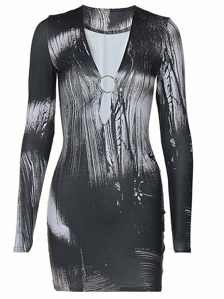 Y2K Aesthetic Deep V-Neck Grey Party Dress for Women - Coquette Style Grunge Fashion Outfit